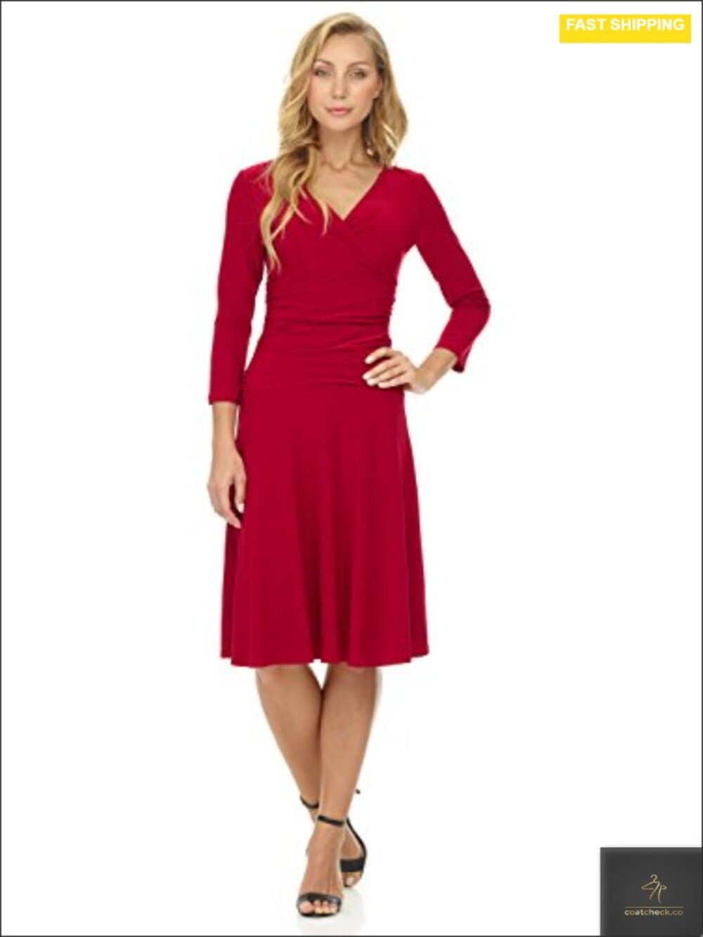 Slimming Fit-and-Flare Dress with Tummy Control Surplice Neckline 3/4 Sleeve